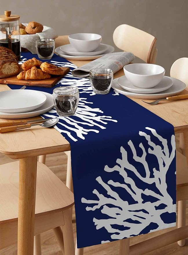 Coastal Coral Cotton Linen Table Runner for Dining Kitchen, Wedding Outdoor Party Tablerunners Decoration, Navy Blue Nautical Ocean Beach Dresser Scarf Coffee Tablecloth Runners 13x60 Inches