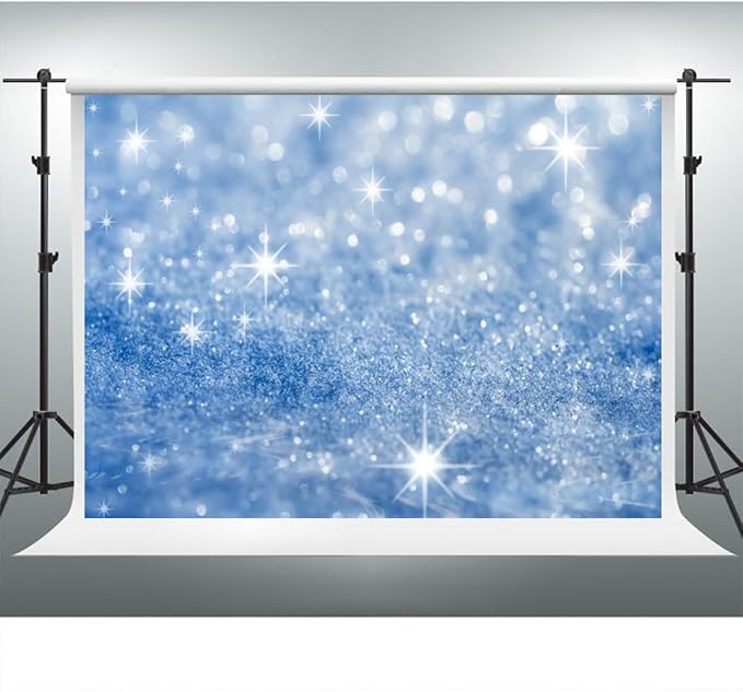 YongFoto Silver Blue Glitter Backdrop 10x7ft Silver Light Spots Blue Sequin Bokeh Photography Background Birthday Bridal Shower Wedding Photography Background Party Banner Portraits Photoshoot Props