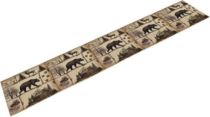 Rustic Cabin Table Runner, Retro Moose Cone Deer Bear Farmhouse Lodge Table Runner for Dinner Living Room Kitchen Vintage Country Cottage 13x36 Inch