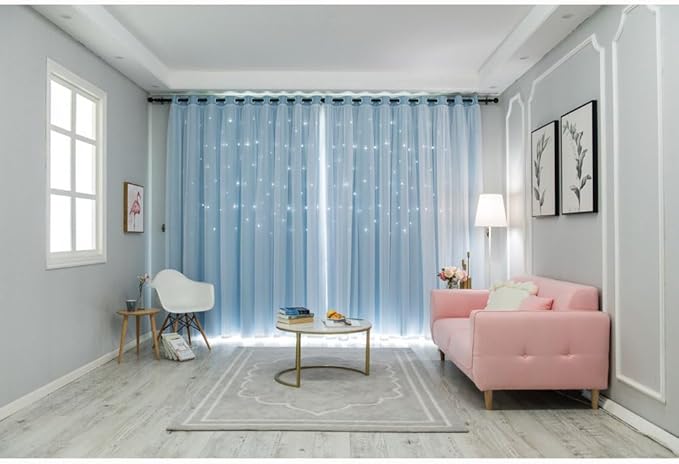 FANLI 2 Panels Star Blackout Curtains for Kid Girls Bedroom Living Room Darking Stripe Double Layer Star Cut Out Wall Home Decor Gradient Grommet Window Curtains (Blue 63L)