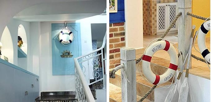 MorroMorn Lifebuoy Wall Hanging Decor - Welcome Aboard Mediterranean Style Home Decoration Hemp Rope (Red & Blue, 20")