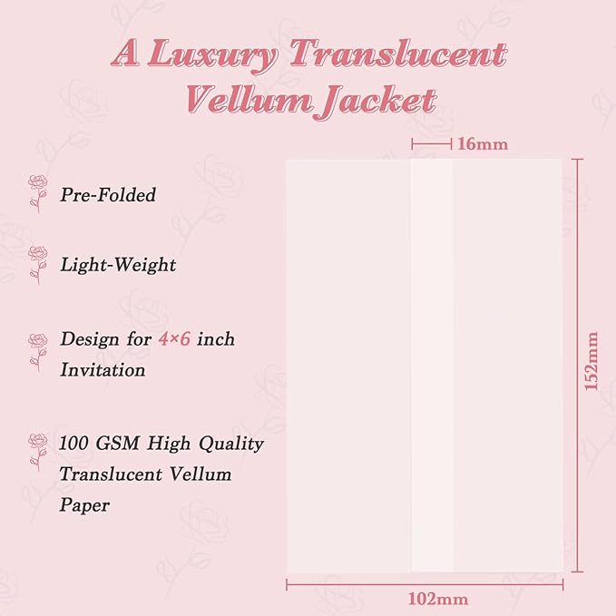 60 Pack Pre-Folded Vellum Jackets for 4x6 Invitations, Translucent Vellum Paper 4x6 Jackets, 100GSM Wedding Invitations Wraps, Envelope Liners for Birthdays, Baby Showers