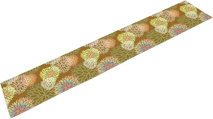 Brown Grey Dahlia Flower Table Runner, Linen Geometric Pattern Floral Table Decor Spring Farmhouse Decorations for Kitchen Dining Holiday Party Decor, 13x36 Inch