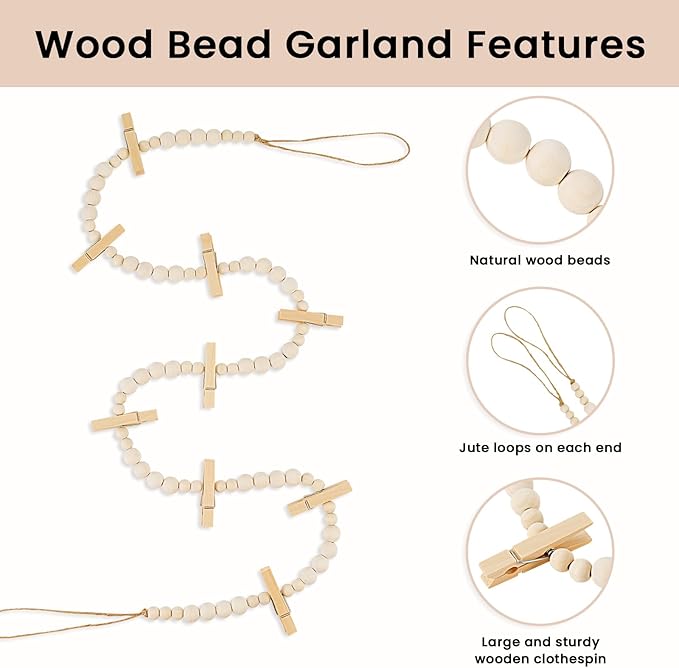 Hanging Photo Display Wall Decor, 2PCS Boho Wooden Bead Garland Collage Picture Frame with 9 Wood Clips for Bedroom, Living Room, Office, Dorm Decor, Photos Holder Teen Girl Gifts