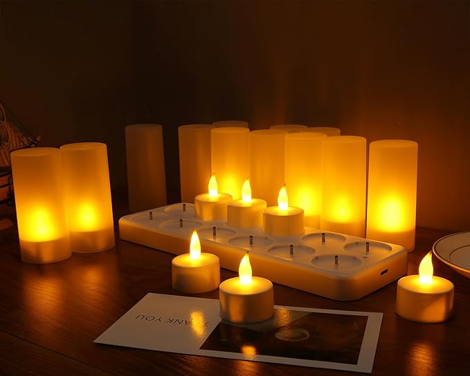 WoneNice USB Rechargeable Flameless Candles, 12 Pack LED Tea Lights with Charging Dock & AC Adapter, Safe Battery Operated Fake Votive for Wedding Christmas Lanterns Emergency Home Decor