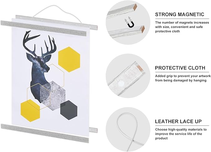 Magnetic Poster Hanger, 24x36 24x18 24x32 Poster Frame Wood Wooden Magnet Print Posters Dowel Scroll Hanger Hangers Hanging Kit for Walls Map Canvas Artwork (Grey, 24")