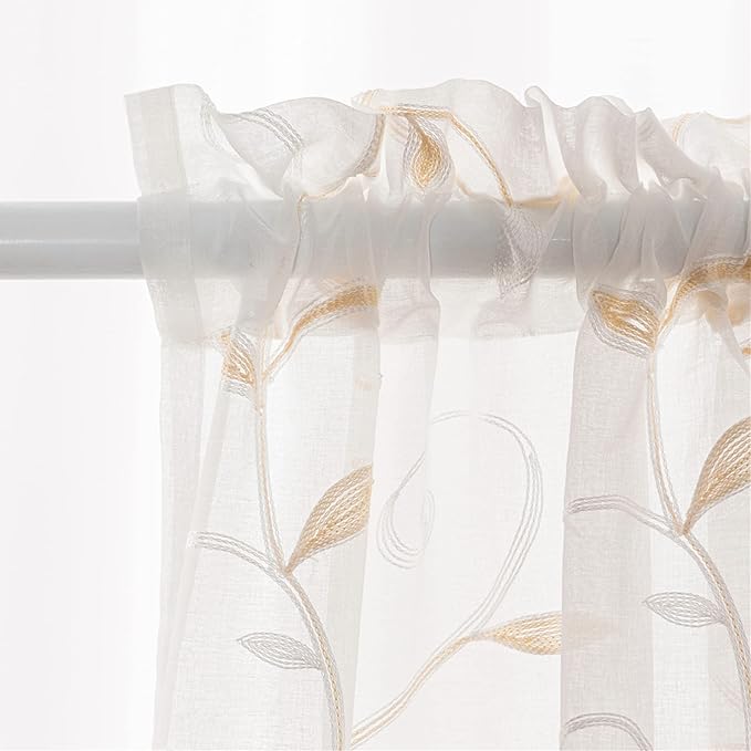 VISIONTEX White Sheer Voile Curtains, Decorative Beige Leaves Embroidery Faux Linen Rod Pocket Window Drapes for Home Kitchen, Living Room and Bedroom 54 x 72 Inch, Set of 2 Curtain Panels