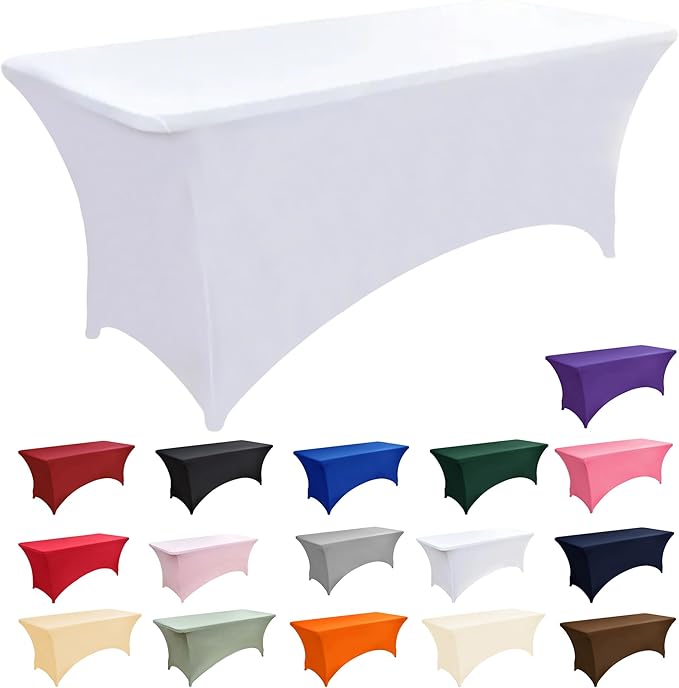 2-Pack 6ft White Spandex Table Covers for Rectangle Standard Folding Tables - Wrinkle Resistant Stretch Tablecloths - Ultimate Fitted Table Protector for Parties, Trade Shows, Banquet