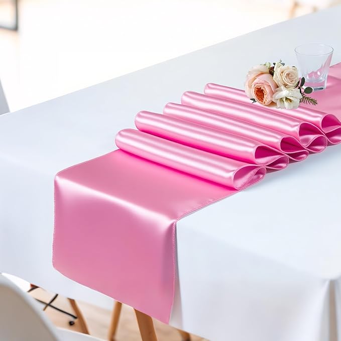 SHEJIZE 20 Pack Pink Satin Table Runner 12x108 Inches Long, Bright Silky Smooth Satin Table Runner Table Decor for Wedding Banquet Christmas Prom Event Birthday Party