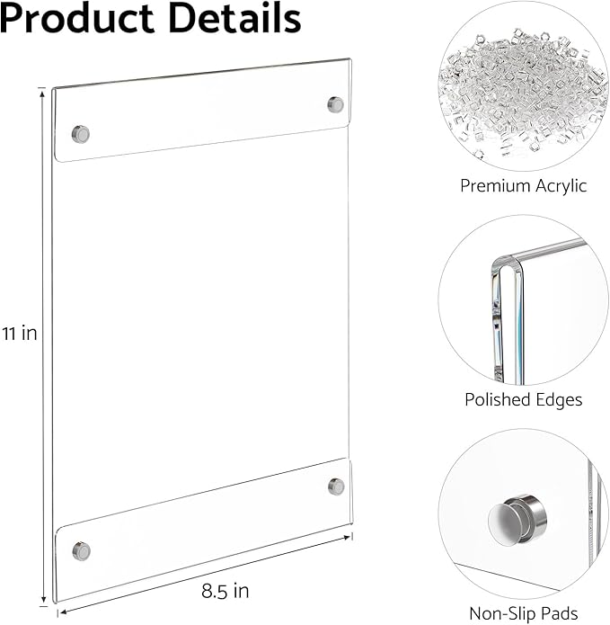 HIIMIEI Magnetic Acrylic Sign Holder 8.5 x 11 - Clear Document Paper Holders with 4 Corner Magnets, Vertical Photos Display Frames for Refrigerator, Office, Home, Classrooms (6 Pack)