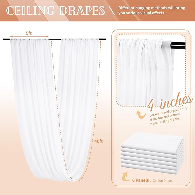 6 Panels White Ceiling Drapes for Wedding 5ftx40ft Sheer Drapery Chiffon Fabric Arch Draping Curtains for Party Ceremony Birthday Baby Shower Reception Stage Ceiling Decorations