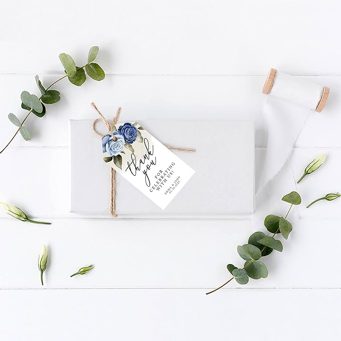 Andaz Press 100-Pack Personalized Thank You Tags with Bakers Twine ICY Blue Roses Custom Cardstock Wedding Gift Tags for Wedding Party Favors 2 x 3.75-Inches
