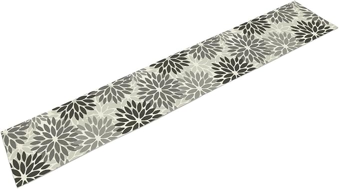 Gray Dahlia Flower Table Runner, Vintage Modern Linen Geometric Pattern Floral Table Runner Spring for Farmhouse Kitchen Dining Party Holiday Party, 13x60 Inch
