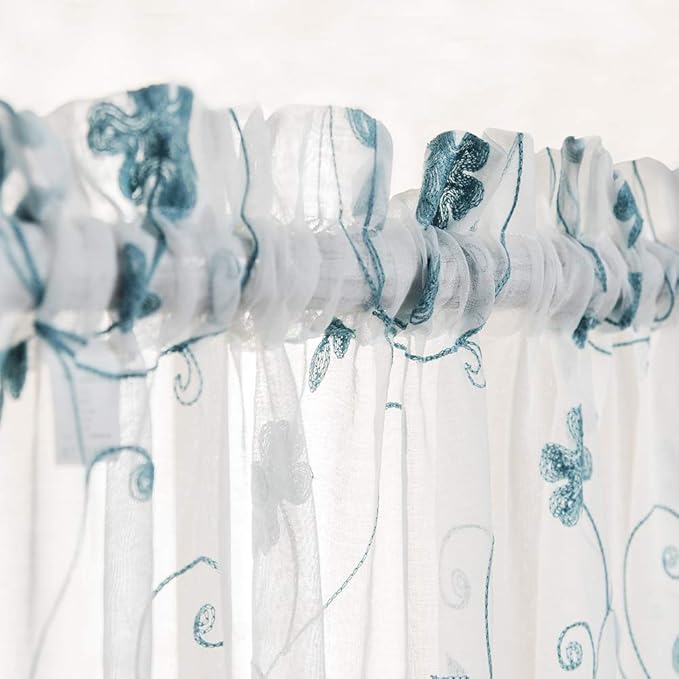 Floral Embroidery Sheer Curtains Blue 63 Inches, Rod Pocket Voile Drapes for Living room, Bedroom, Window Treatments Semi Crinkle Curtain Panels for Yard, Patio, Villa, Parlor, Set of 2, 52"x 63".