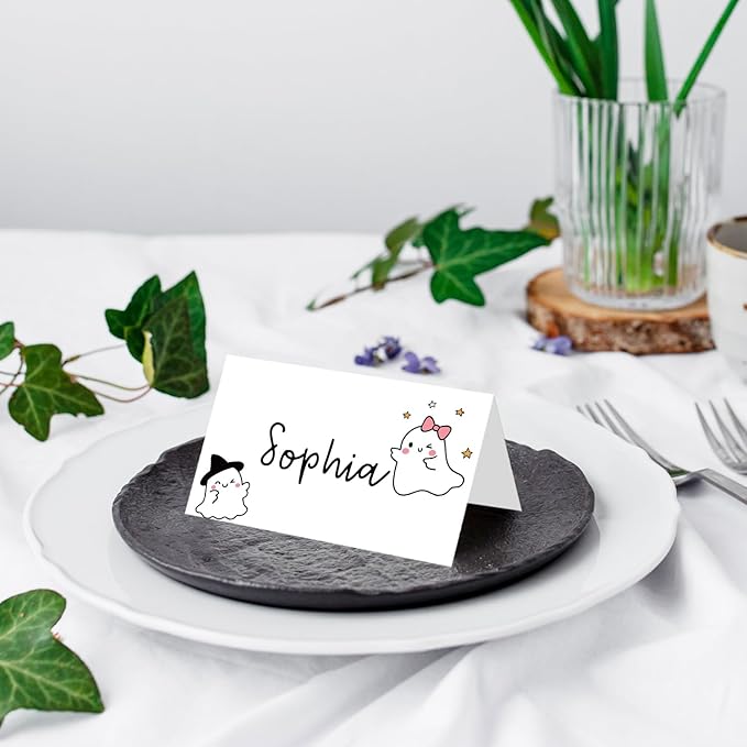 25 Pack Halloween Place Cards, Editable Name Cards for Table Setting, Cute Ghost Tent Cards Food Label for Dinner Party, Bridal Shower, Wedding, Baby Shower and Events -T37