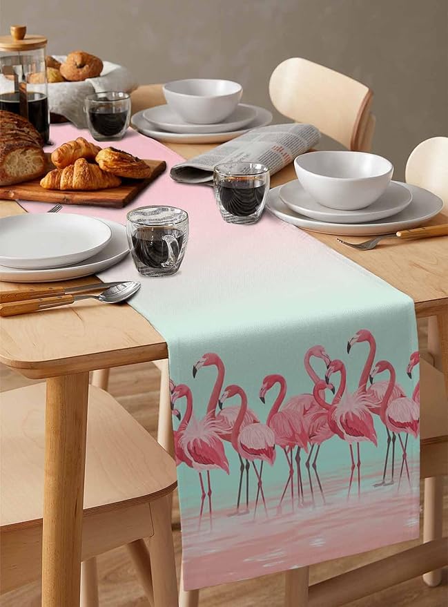 Tropical Flamingo Cotton Linen Table Runner for Dining Kitchen, Wedding Outdoor Party Tablerunners Decoration, Pink Bird Coastal Nautical Animal Dresser Scarf Coffee Tablecloth Runners 13x90 Inches