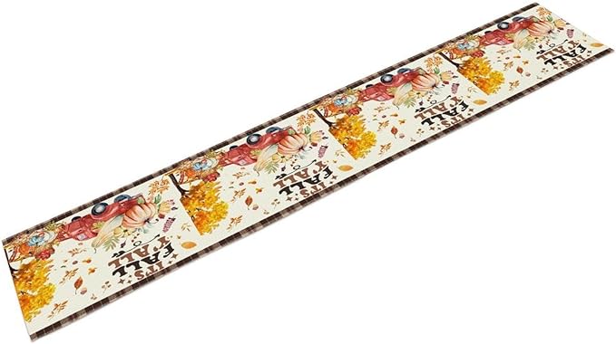Fall Pumpkin Table Runner,Rustic Maple Yellow Leaf Trees Truncks Brown Plaid Tablecloth Burlap for Hotel Indoors Outdoor Dining Room Kitchen Home Decor,W13X L60 in