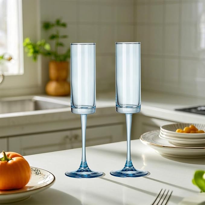 6 Pieces Blue Champagne Flutes 6 OZ Straight Sided Wine Glasses Champagne Long Stem Drinking Colored Glasses,Set of 6 Hand Blown Champagne Flutes Goblets for Wedding Cocktail Cups,Cava, Prosecco