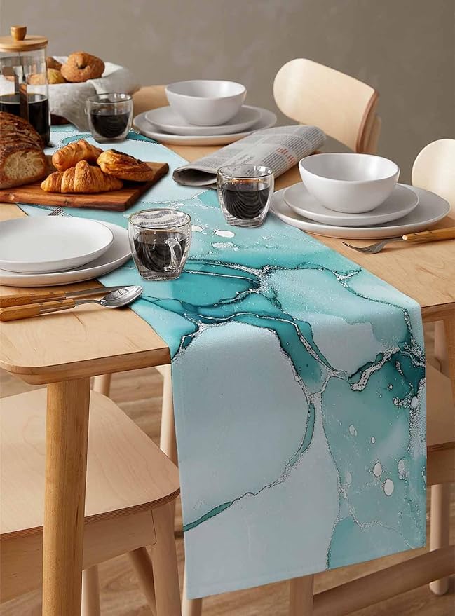 Turquoise Marble Cotton Linen Table Runner for Dining Kitchen, Wedding Outdoor Party Tablerunners Decoration, Nature Marble Crack Country Retro Dresser Scarf Coffee Tablecloth Runners 13x36 Inches