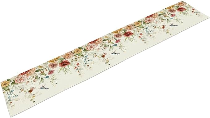 Rustic Floral Table Runner, Watercolor Flower Leaves Hummingbird Butterfly Farmhouse Kitchen Dinning Table Runner for Indoor Outdoor Home Wedding Party Holiday, 13x90 Inch