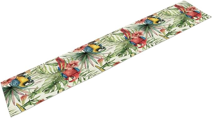 Parrot Table Runner,Tropical Palm Leaf Colorful Macaw Bird Watercolor Print Tablecloth Burlap for Hotel Indoors Outdoor Dining Room Kitchen Home Decor,W13X L108 in