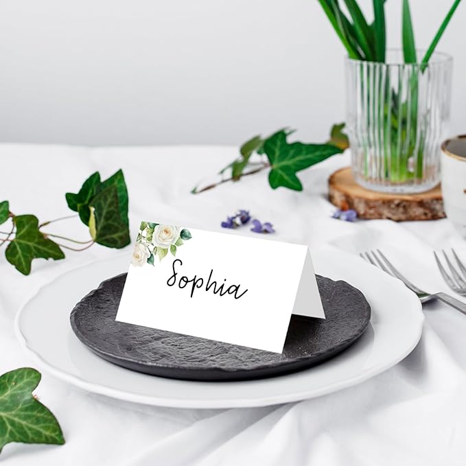25 Pack White Flower Place Cards, Editable Name Cards for Table Setting, Tent Cards Food Label for Dinner Party, Bridal Shower, Wedding, Baby Shower and Events -T09