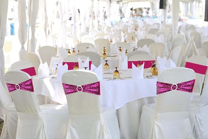 10 Pcs Chair Sashes Sequin Stretch Chair Bands Spandex Polyester Bows for Party Hotel Wedding Banquets Decoration - Magenta