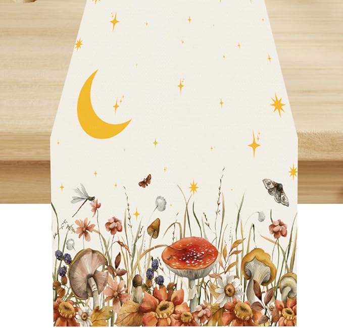 Mushroom Kitchen Table Runner, Gothic Moon Star Plants Witchy Moonlit Flower Butterfly Table Runner for Kitchen Dinner Living Room Drapes, 13x60 Inch White