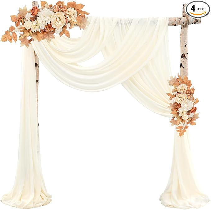 Wedding Arch Draping Fabric 4 Panels 20Ft length x 28" width Ivory Arch Drapes Chiffon Fabric Sheer Curtains Backdrop for Party Bridal Ceremony Ceiling Decor Wedding Stage Reception Decorations