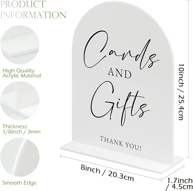 White Arch Acrylic Wedding Sign- 8"x10" Cards and Gifts Sign and Base,1/8" Thick | Modern Calligraphy Arched Acrylic Table Sign for Wedding & Event Party (Cards and Gifts, 8"x10")