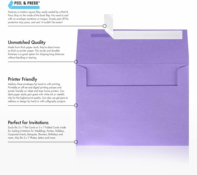 LUXPaper A7 Invitation Envelopes | Peel & Press | 5 1/4" x 7 1/4" | Amethyst Metallic | 80lb. Text | 500 Qty