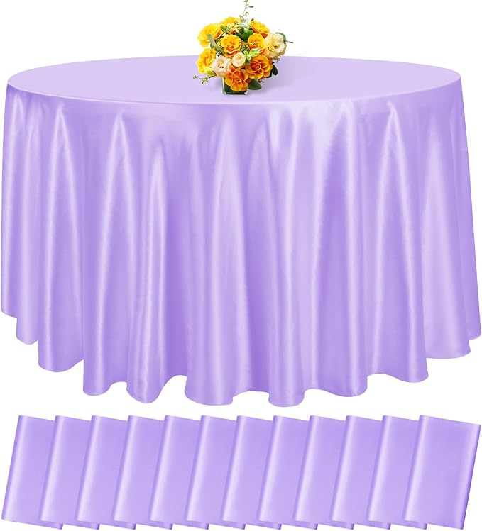 fani 12 Pack 108 Inch Lavender Satin Tablecloth - Silky Round Tablecloth Overlay Smooth Fabric Table Cover, Bright Table Decoration for Wedding Party Banquet Events Restaurant Kitchen Dining