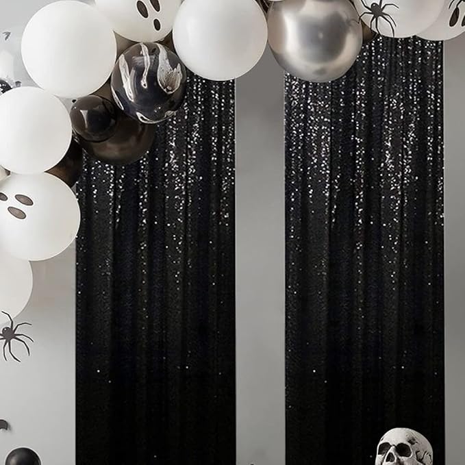 Poise3EHome 2ft x 8ft Black Sequin Photography Backdrop Curtains 2 Panels for Party Decoration, Black