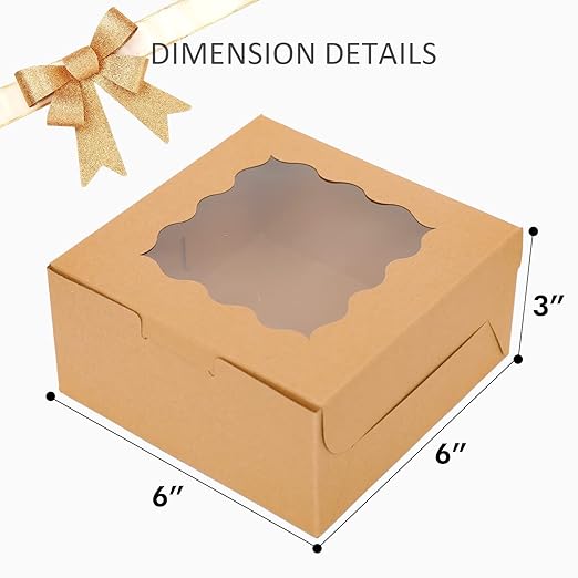 Bakepacker 60pcs Kraft Bakery Boxes with Window 6x6x3 inches Thick & Sturdy Macaroon Pastry Boxes Cookie Boxes for Bakerys