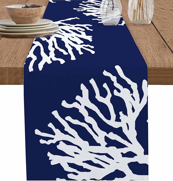 Coastal Coral Cotton Linen Table Runner for Dining Kitchen, Wedding Outdoor Party Tablerunners Decoration, Navy Blue Nautical Ocean Beach Dresser Scarf Coffee Tablecloth Runners 13x120 Inches