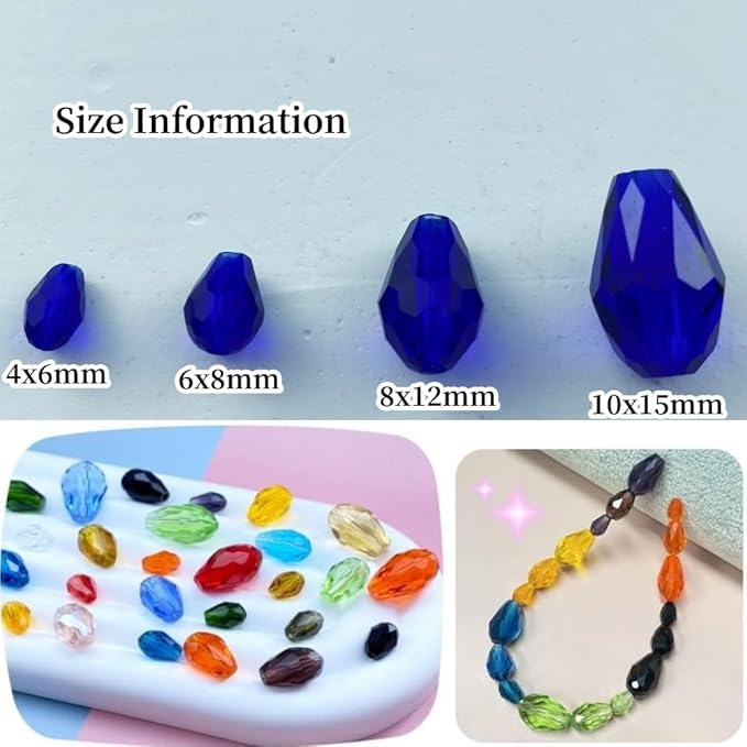 200pcs 4x6mm Teardrop Crystal Glass Beads Vertical Hole Faceted Glass Teardrop Spacer Beads for Bracelets Necklace Earring DIY Jewelry Making Craft(Sapphire Blue)