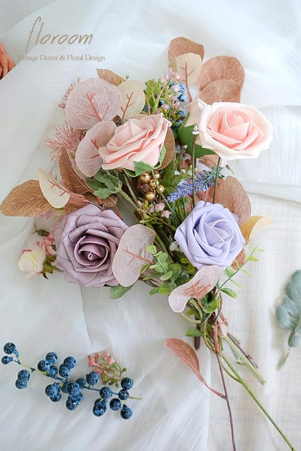 Floroom Artificial Flowers 25pcs Real Looking Blush Foam Fake Roses with Stems for DIY Wedding Bouquets Bridal Shower Centerpieces Party Decorations