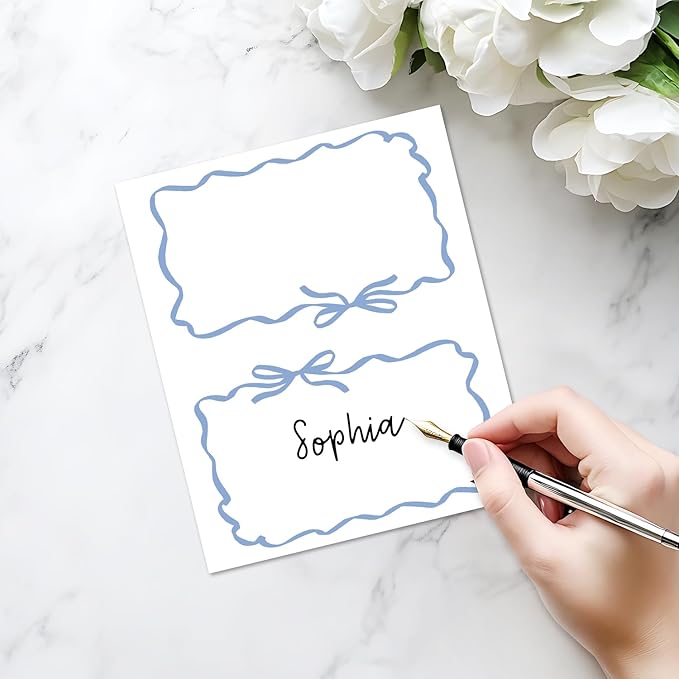 25 Pack Blue Bow Wave Place Cards, Editable Name Cards for Table Setting, Tent Cards Food Label for Dinner Party, Bridal Shower, Wedding, Baby Shower and Events -T15