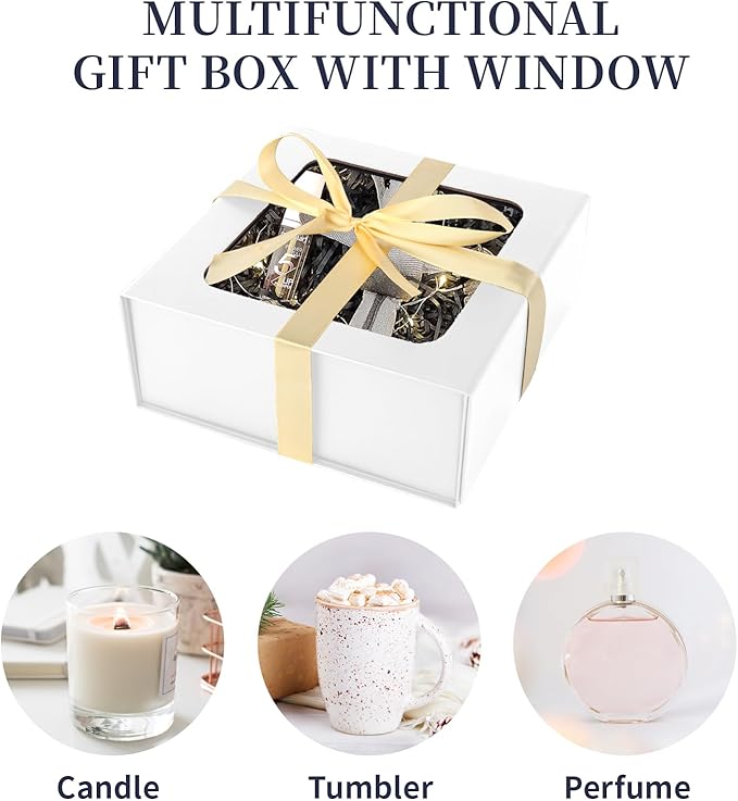 TIACABO White Gift Box with Window,7.5"x7.5"x3.1" Bridesmaid Boxe for Gifts Giving,Birthday Gift Boxes with Magnetic,Closure Lid Gifts Boxes for Presents,Cute Box,Luxury for Gift Packaging