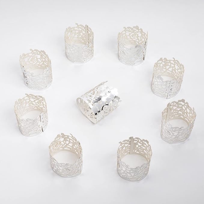 100pcs Disposable Rose Flower Paper Napkin Rings Laser Cut Foil Paper Napkin Holder, Leaf Vine Serviette Rings for Table Decoration,Christmas,Wedding,Party (Silver)