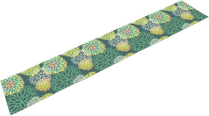 Green Dahlia Flower Table Runner, Linen Geometric Pattern Floral Table Decor Spring Farmhouse Decorations for Kitchen Dining Holiday Party Decor, 13x120 Inch