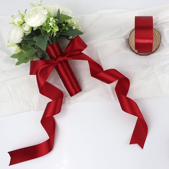 Deep red Solid Satin Ribbon 1-1/2 Inch 50 Yards Solid Polyester Fabric Ribbon for Gift Wrapping Wedding Christmas Baby Shower Birthday Party Decoration Handmade Immortal Flower Craft