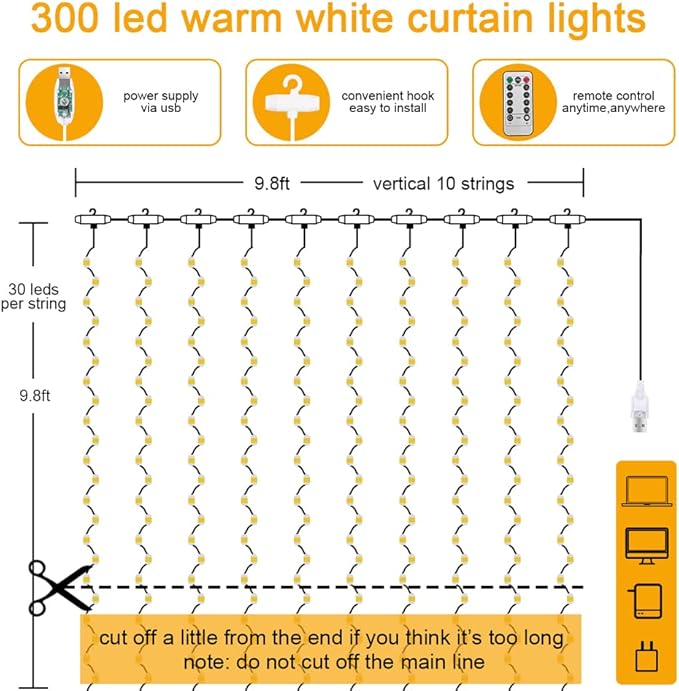 AOMIG Fairy Curtain Lights,300 LED Warm White Window Curtain String Light,8 Modes 9.8×9.8Ft Waterproof Curtain String Light USB Powered with Remote Control,Christmas String Lights for Indoor/Outdoor
