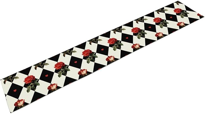 Vintage Rose Table Runner, Red Rose Hearts Black White Checkered Background Table Runner for Kitchen Dinning Table Runner Decor Home Wedding Party Holiday, 13x36 Inch