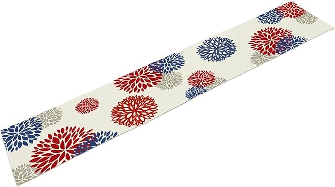 4th of July Table Runner, Blue Red Dahlia Flower American Patriotic Memorial Day Table Runner for Farmhouse Kitchen Dining Table Party Decor, 13x108inch