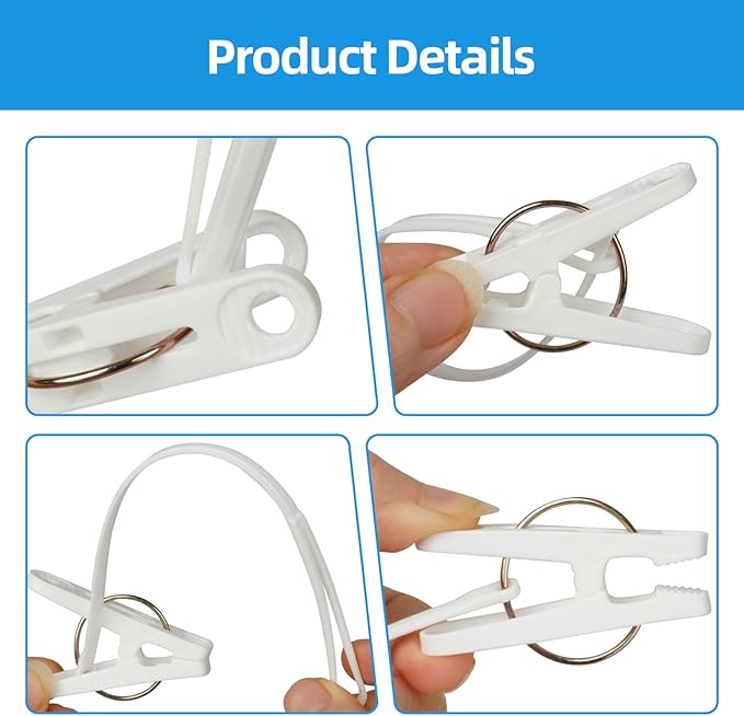 60 Pack Clothes Pins with Plastic Rope,Multi-Purpose Clips for Hanging,Windproof Plastic Clothespins for Hanging Baby Clothes,Socks,Hats, Pants, Bras, Underwears,Towels,Photos,White