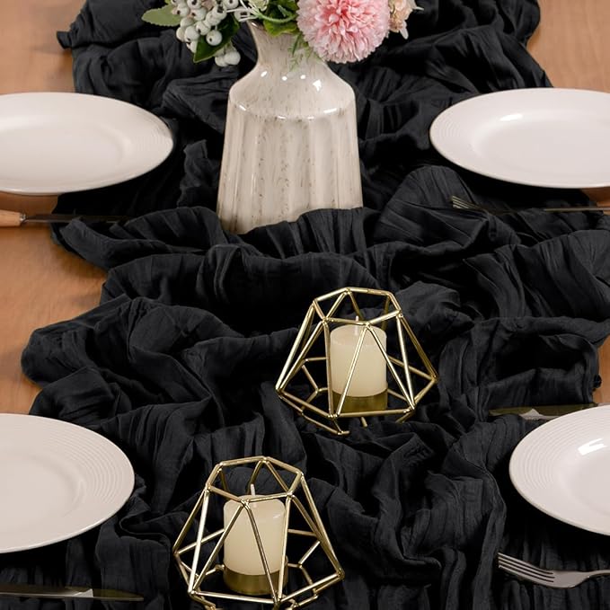 MLMW 10 Pack Halloween Table Runner Cheesecloth Black Boho Gauze Cheese Cloth 160 inch Rustic Sheer Table Runner 13.3ft for Party Wedding Baby Bridal Shower Birthday