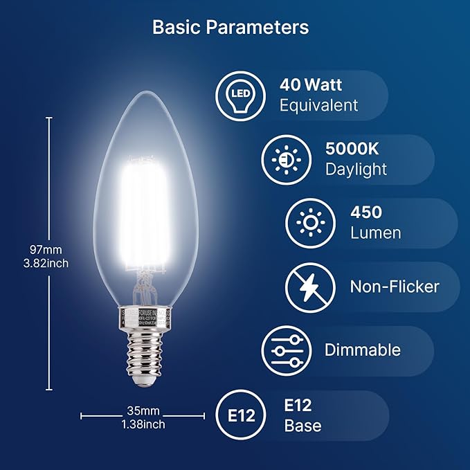 FLSNT 5000K Daylight B10 Dimmable LED E12 Candelabra Bulbs, 40W Equivalent LED Chandelier Light Bulbs, 450LM, Clear Glass Finishing, 12 Pack UL,CA65 Listed.