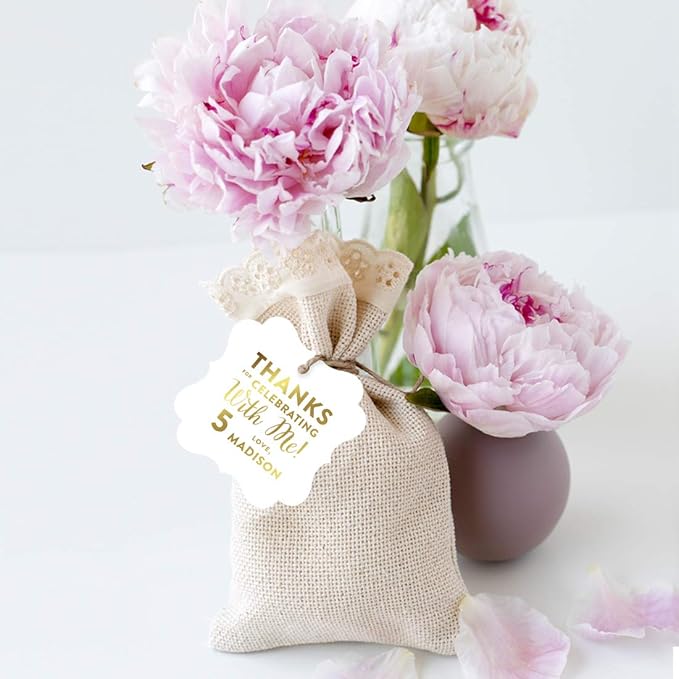 Andaz Press Personalized Fancy Frame Square Birthday Gift Tags, Metallic Gold Ink, Thanks for Celebrating with Me with Age, 24-Pack, Custom Made Name Age, Gold Decorations