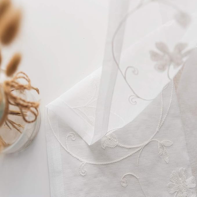 Floral Embroidery Sheer Curtains White 45 Inch Length, Rod Pocket Voile Drapes for Living room, Bedroom, Window Treatments Semi Crinkle Curtain Panels for Yard, Villa, Parlor, Set of 2, 52"x 45".